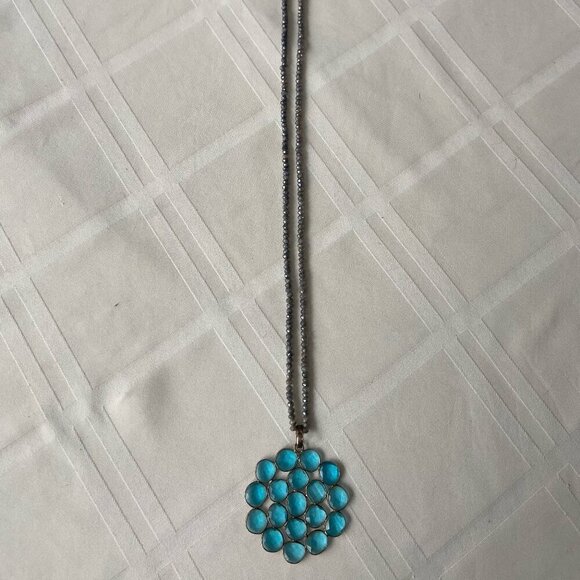 Long Gray Beaded Necklace with Fun Turquoise Round Glass Pendant - Picture 1 of 8